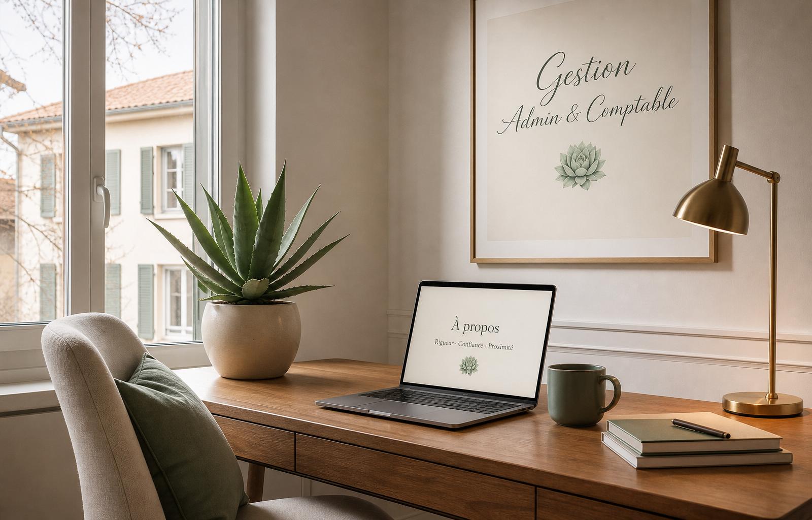 Bureau élégant avec carnet, documents alignés et branche végétale