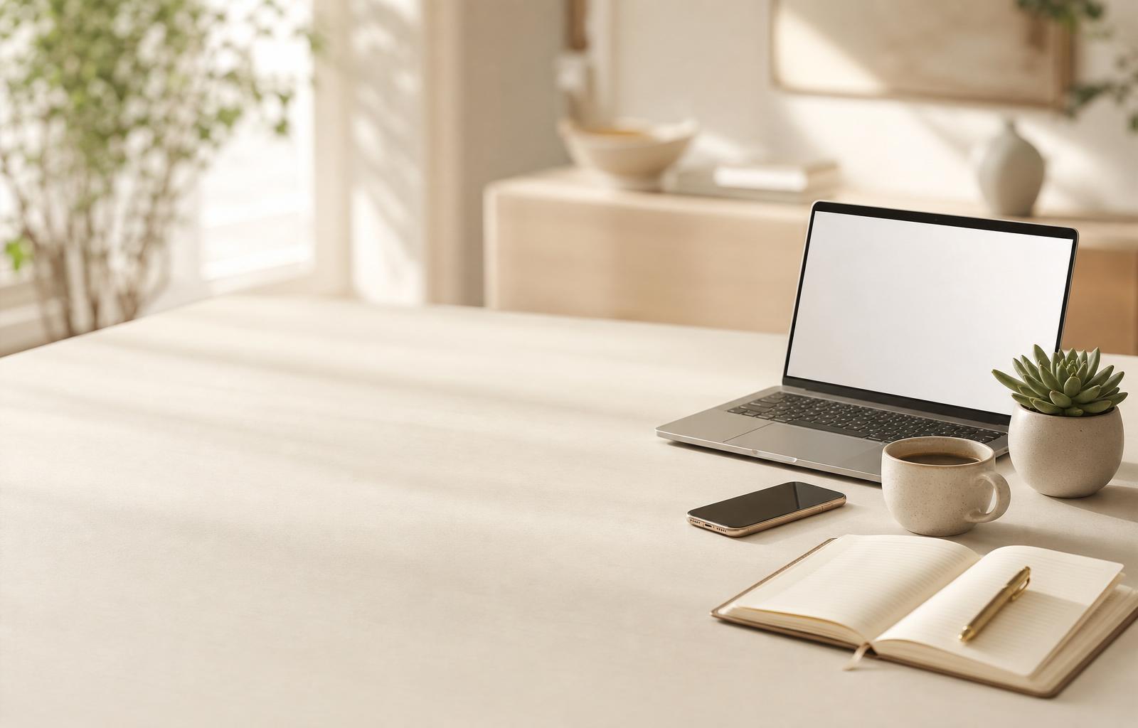 Bureau lumineux et accueillant avec téléphone, laptop et carnet ouvert
