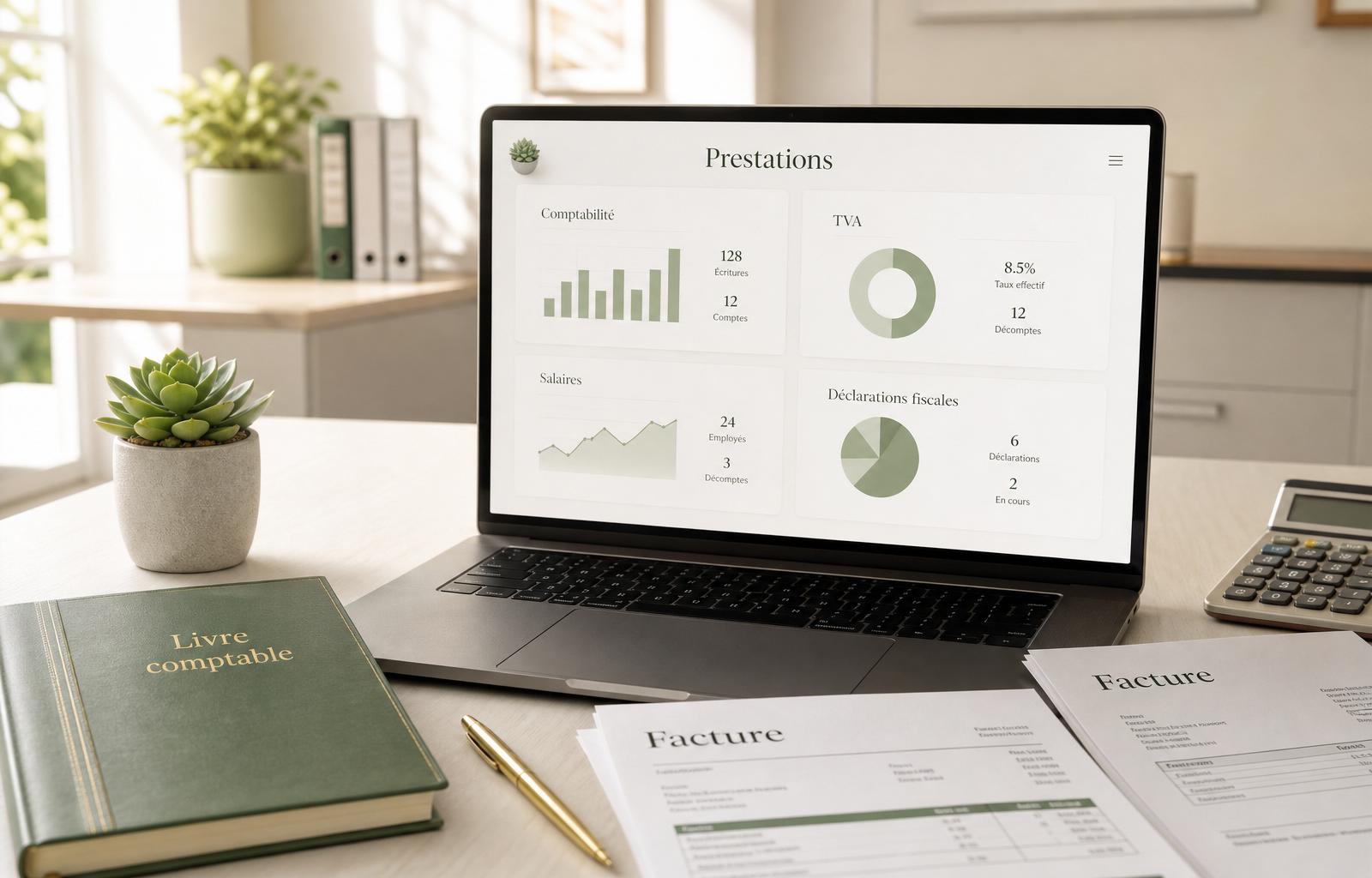 Espace de travail structuré avec dossiers et documents comptables